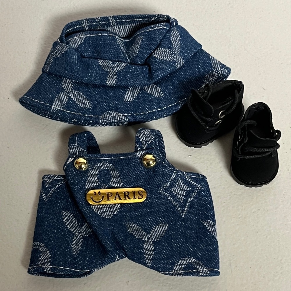 Designer Overalls Boots Bucket Hat 3 Piece Outfit For Labubu Denim Blue Jean